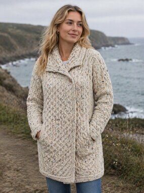 Aran Crafts Ireland Light Beige Merino Wool Long Sweater Duster Women Size S